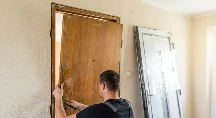 Porte en verre élégante de couleur beige sur la façade d'un immeuble de luxe