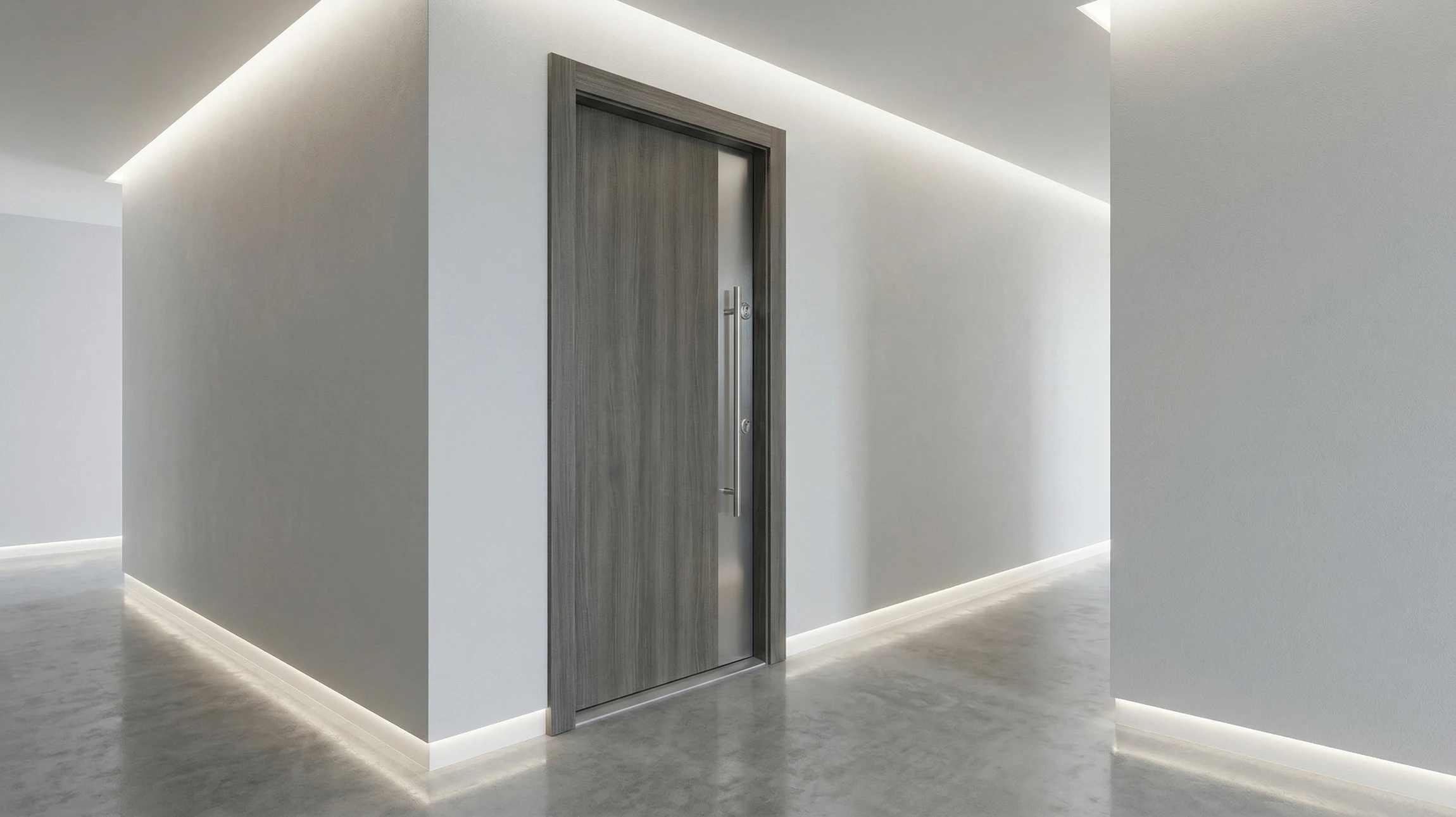 Photographie réaliste d'une porte d'entrée principale de maison individuelle, de style moderne et élégant. La porte, en aluminium ou PVC de haute qualité, doit être prominente dans l'image et montrer clairement son design soigné et ses finitions professionnelles. Elle peut être fermée ou légèrement ouverte, revêtue d'une teinte neutre et moderne (noir, gris anthracite, blanc ou bois clair). Le cadre doit inclure le chambranle, le seuil et une partie du mur environnant pour montrer l'intégration architecturale de la menuiserie. L'arrière-plan doit montrer un intérieur résidentiel classique et soigné. L'éclairage doit être naturel, professionnel et valoriser la qualité de la menuiserie.
